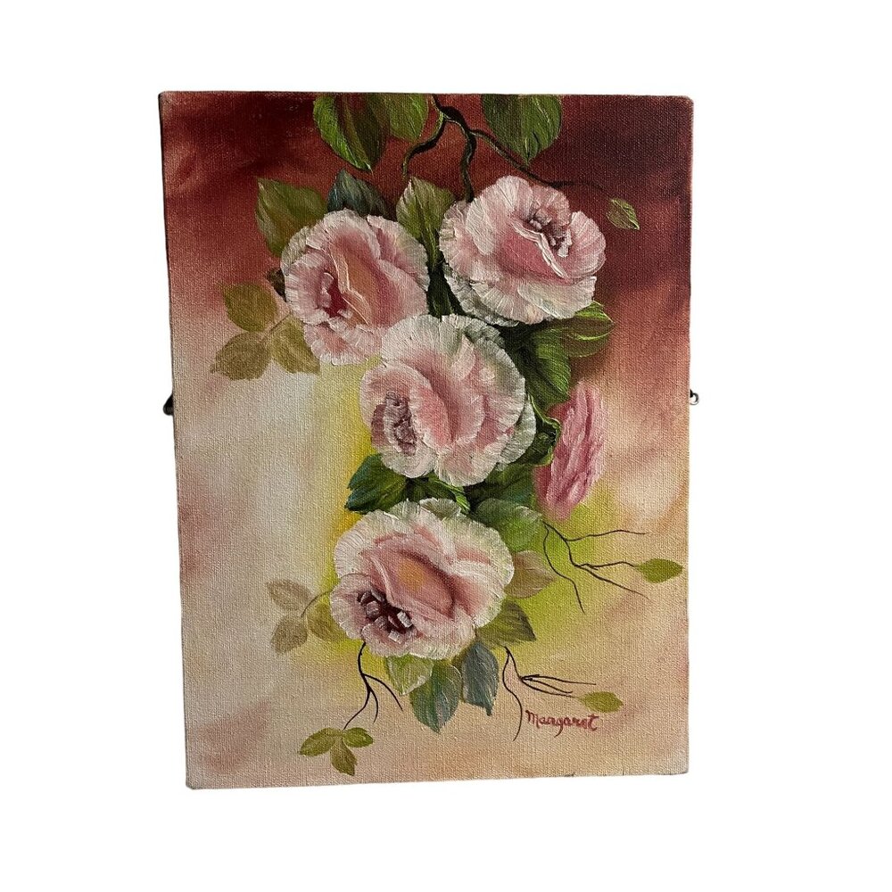 MCM Vintage Cottage Floral Pink Flowers Oil Painting Stretched Canvas 9.5" x 12"